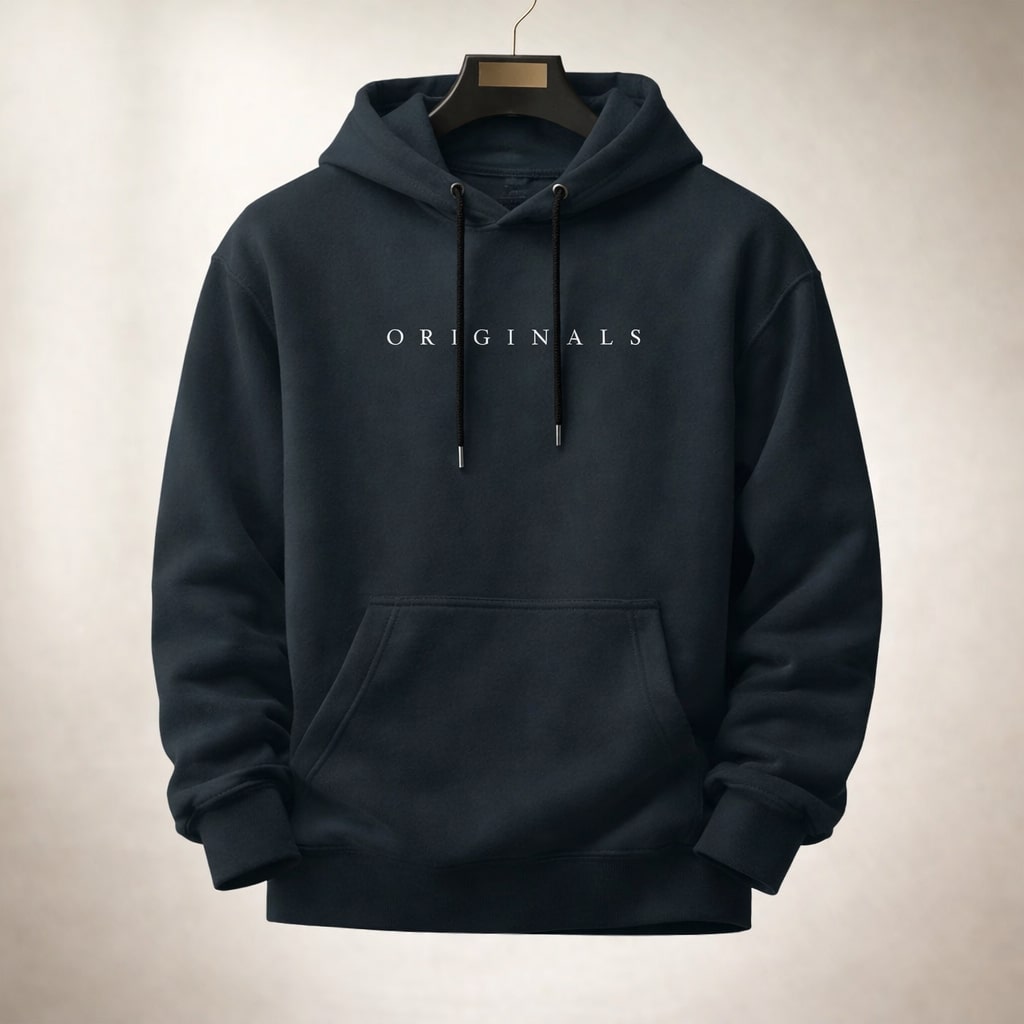 Dunkelblauer Relaxed-Fit Herren-Hoodie mit Kapuze, Kordelzug, Kängurutasche und weißem Originals-Schriftzug auf der Brust.