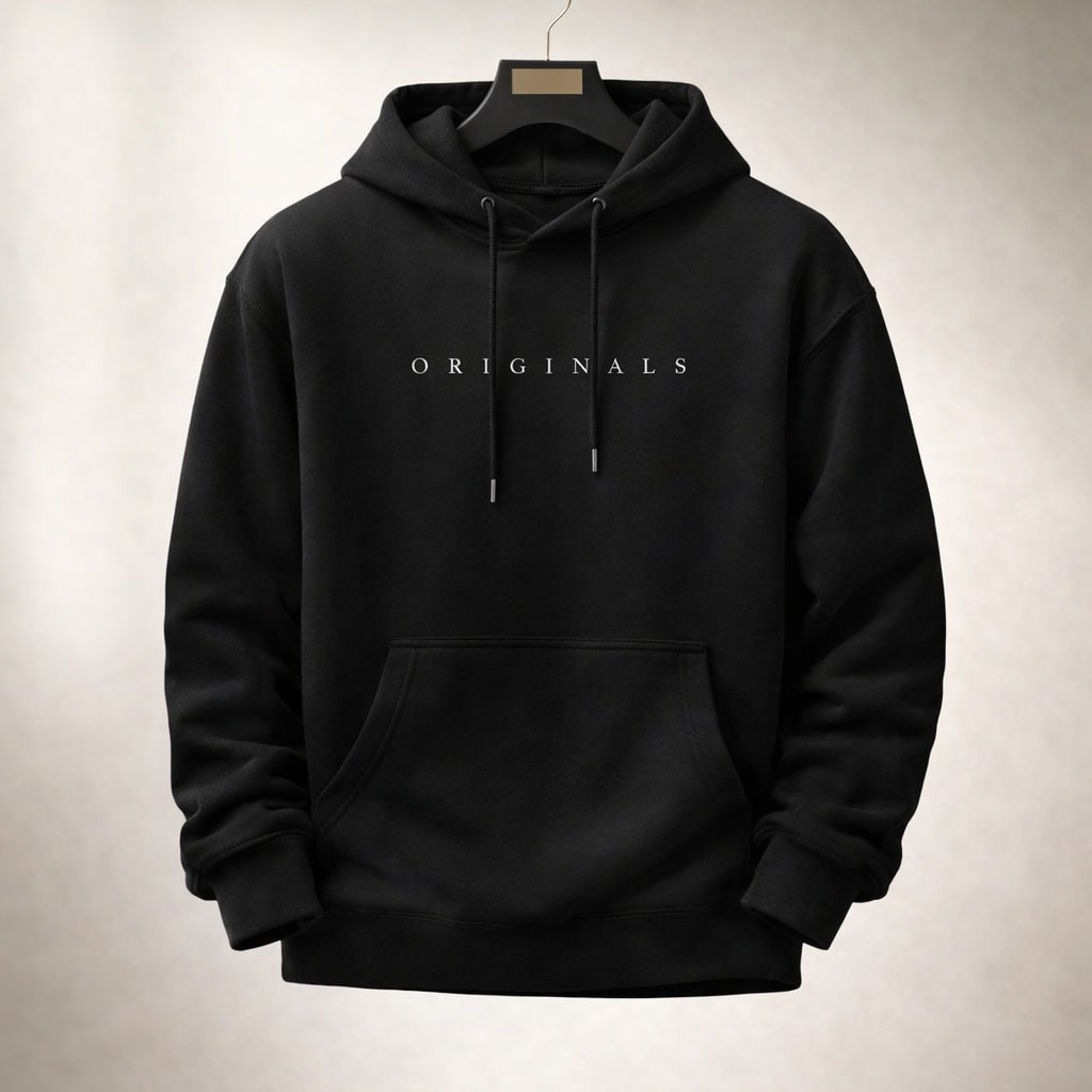 Schwarzer Relaxed-Fit Herren-Hoodie mit Kapuze, Kordelzug, Kängurutasche und weißem Originals-Schriftzug auf der Brust.