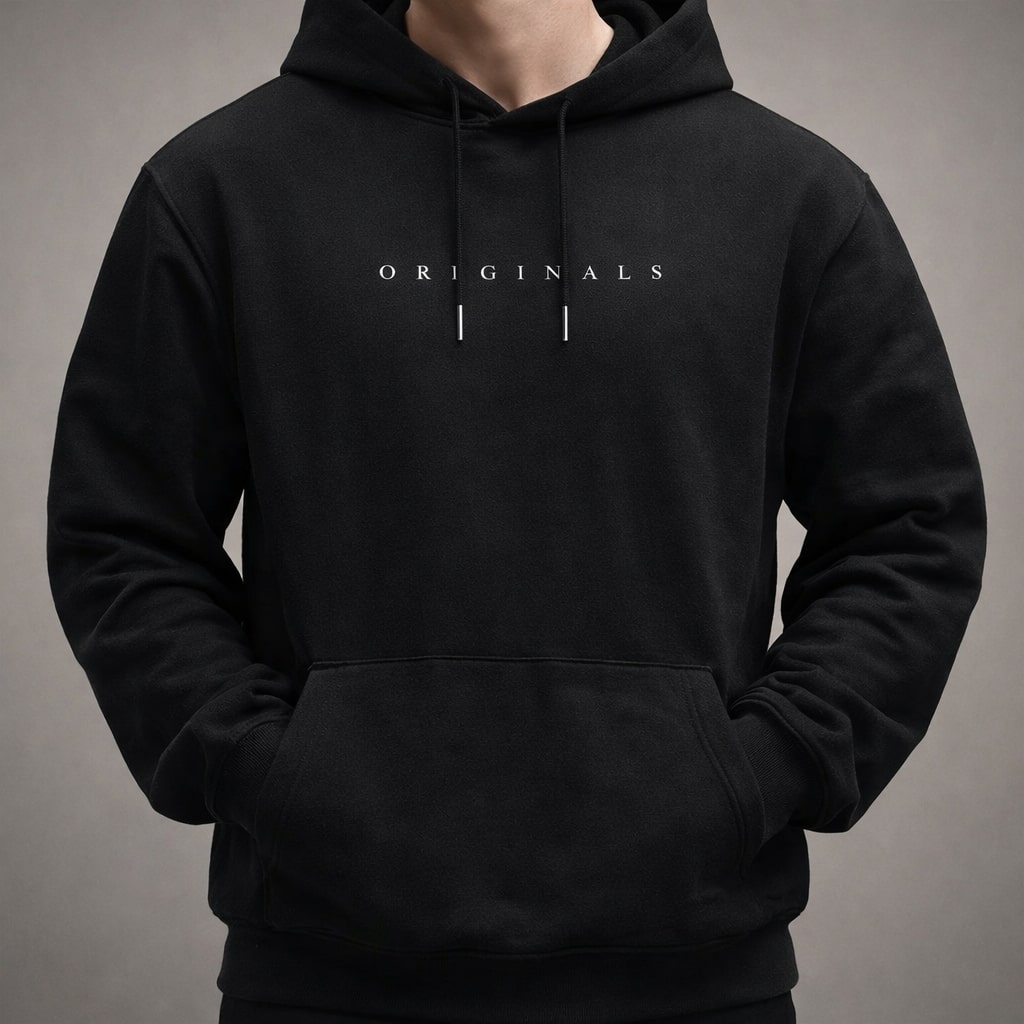 Schwarzer Relaxed-Fit Herren-Hoodie mit Kapuze, Kordelzug, Kängurutasche und weißem Originals-Schriftzug auf der Brust.