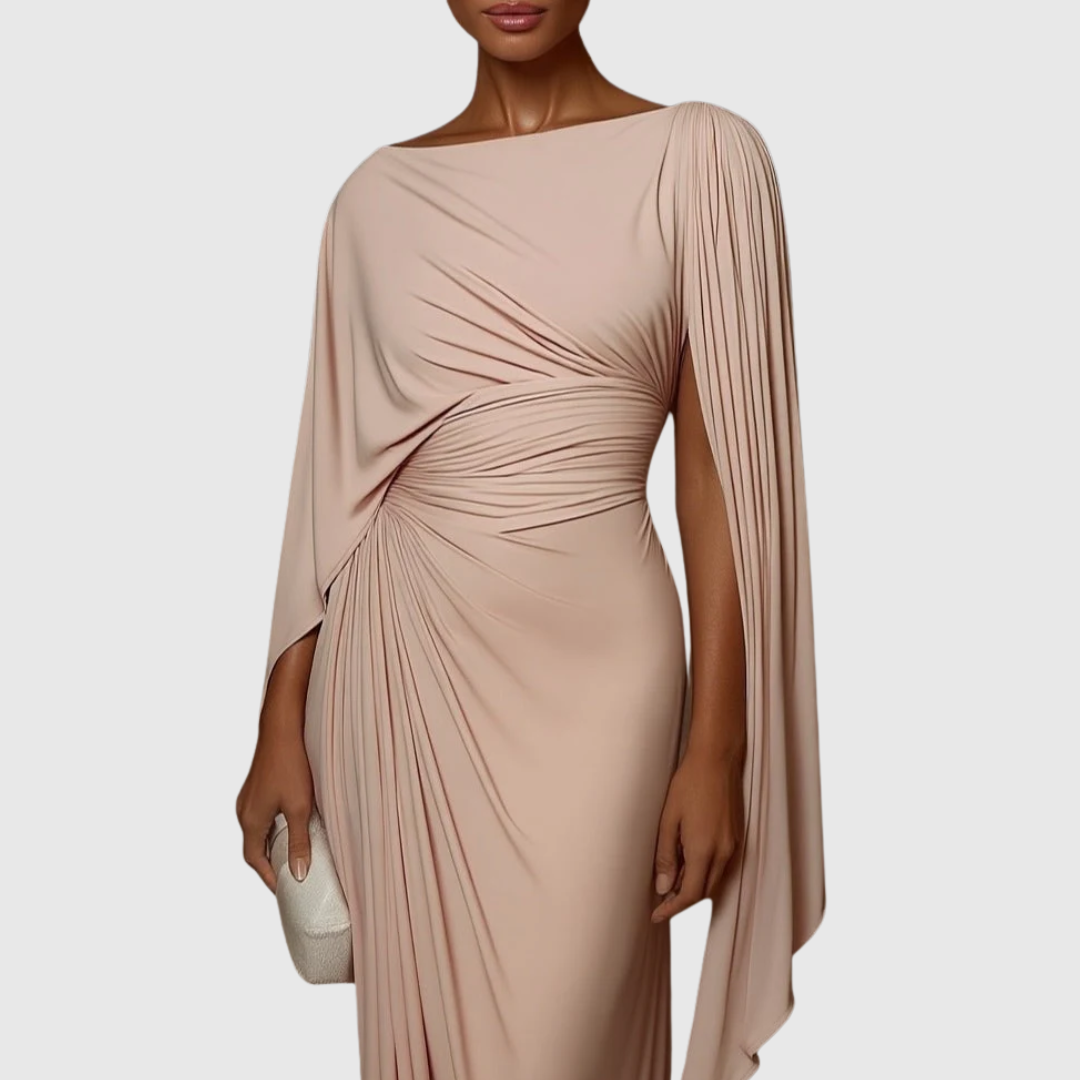 Rosa Sophie Maxikleid mit eleganter Drapierung und fließenden Cape-Ärmeln