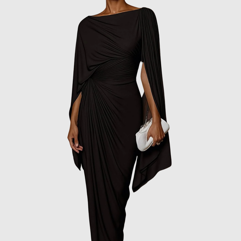 Schwarzes Sophie Maxikleid mit eleganten Cape-Ärmeln und kunstvoller Drapierung
