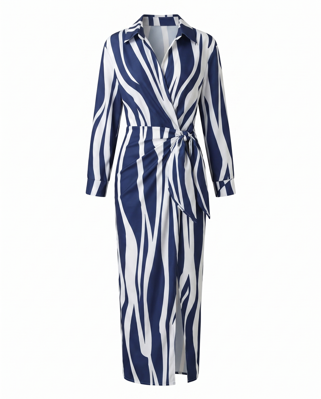 Sophie Wickel-Maxikleid in Blau-Weiß mit Blätterprint, V-Ausschnitt und Taillenbindung