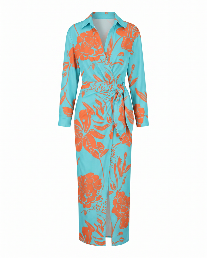 Sophie Wickel-Maxikleid in Türkis mit orangefarbenem Blätterprint, V-Ausschnitt und Taillenbindung.