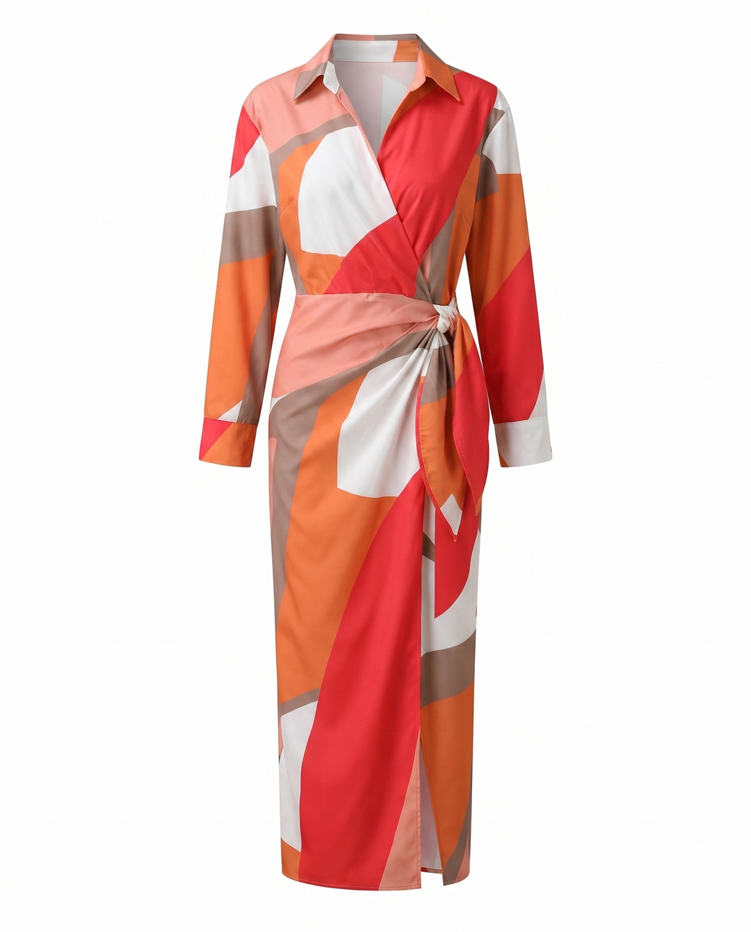 Sophie Wickel-Maxikleid mit buntem Grafikmuster in Rot, Orange und Weiß, V-Ausschnitt und Taillenbindung.
