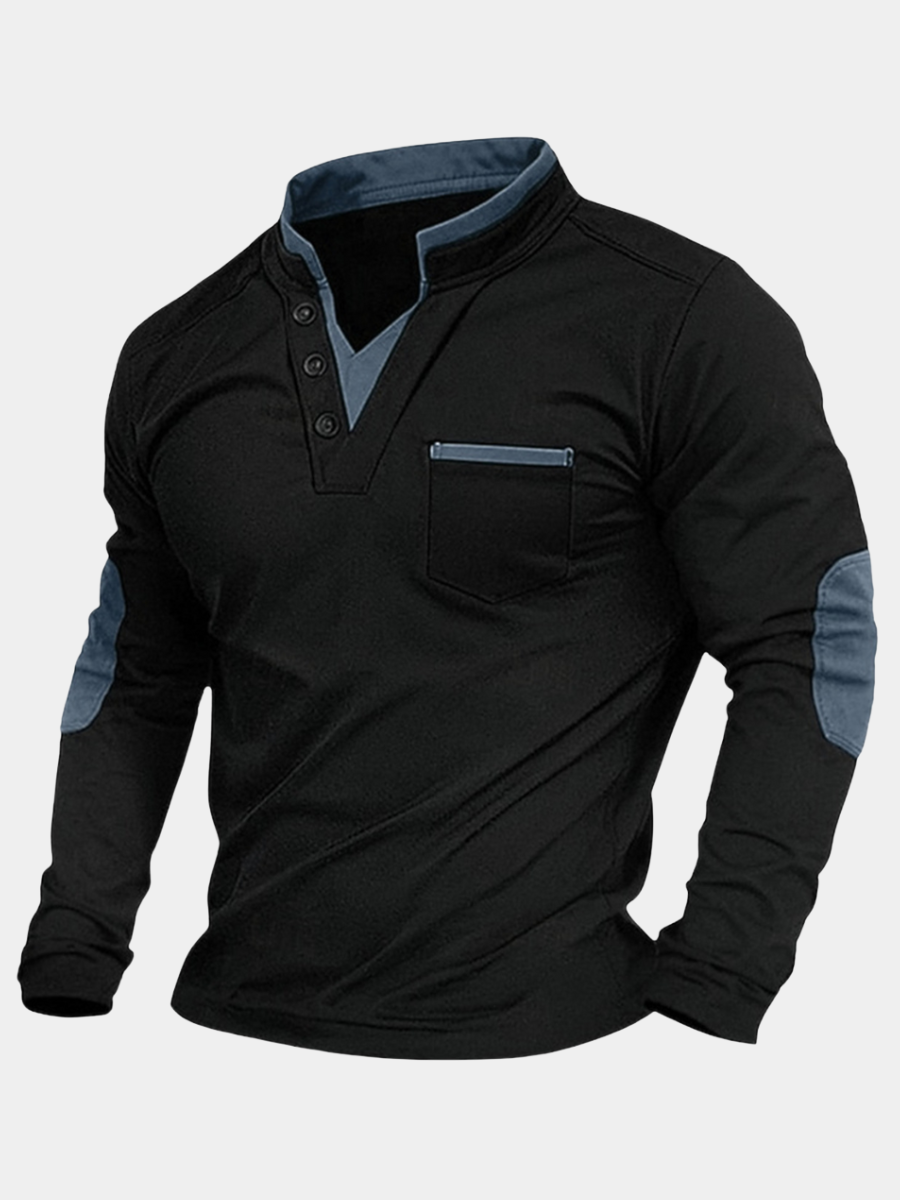 Schwarzes Herren-Langarmshirt mit Stehkragen, Knopfleiste, Brusttasche und grauen Kontrastakzenten an Kragen und Ellbogen.