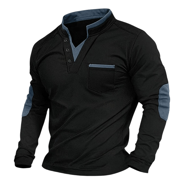 Schwarzes Langarm-Shirt mit Stehkragen, Knopfleiste, Brusttasche und grauen Kontrastakzenten an Kragen und Ellbogen.
