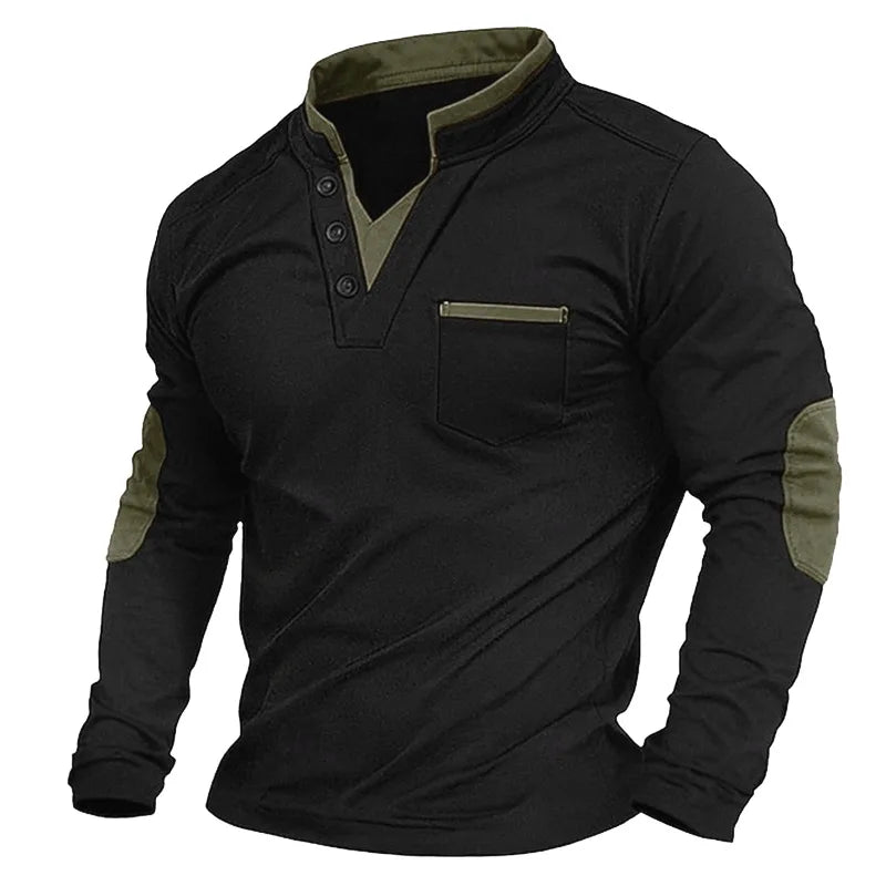 Schwarzes Herren-Langarmshirt mit Stehkragen, Knopfleiste, Brusttasche und olivgrünen Kontrasten an Kragen und Ellbogen.