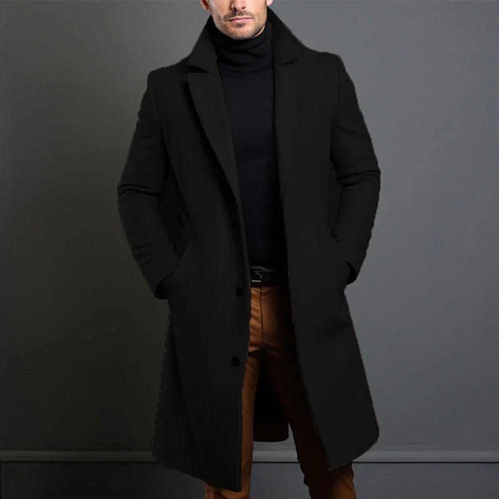 Eleganter schwarzer Herren-Wintermantel mit Reverskragen, knielangem Schnitt und Knopfleiste für einen stilvollen Look.
