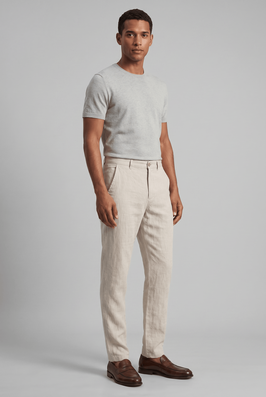 Beiger Slim Fit Leinen-Chino für Herren mit flachem Bund, kombiniert mit einem grauen T-Shirt und braunen Lederschuhen.