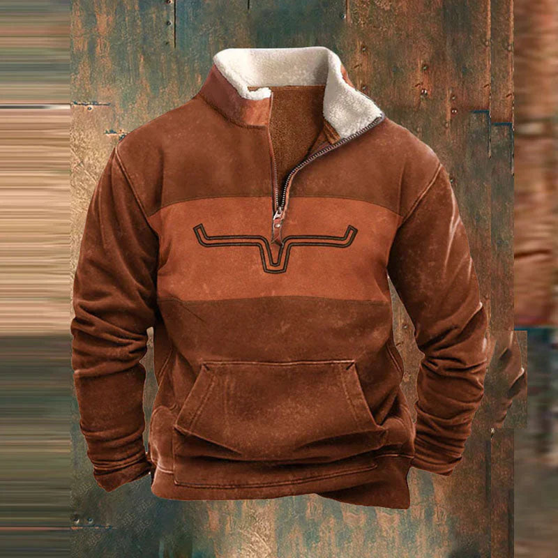 Brauner Western-Pullover für Herren mit Stehkragen, Sherpa-Futter, kurzem Reißverschluss und Kängurutasche.