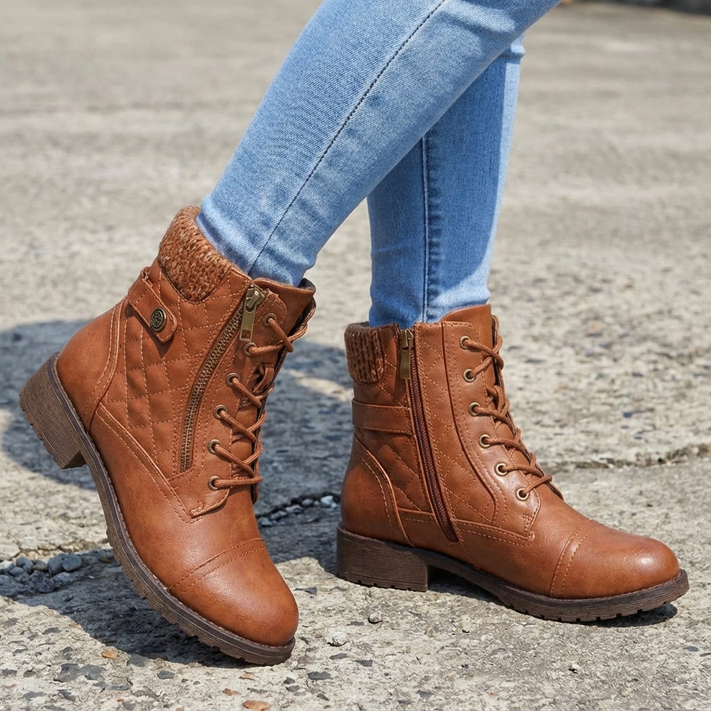Braune Thea Damen-Stiefeletten aus Leder mit Blockabsatz, seitlichem Reißverschluss, Schnürung und gemütlichem Strickbund.