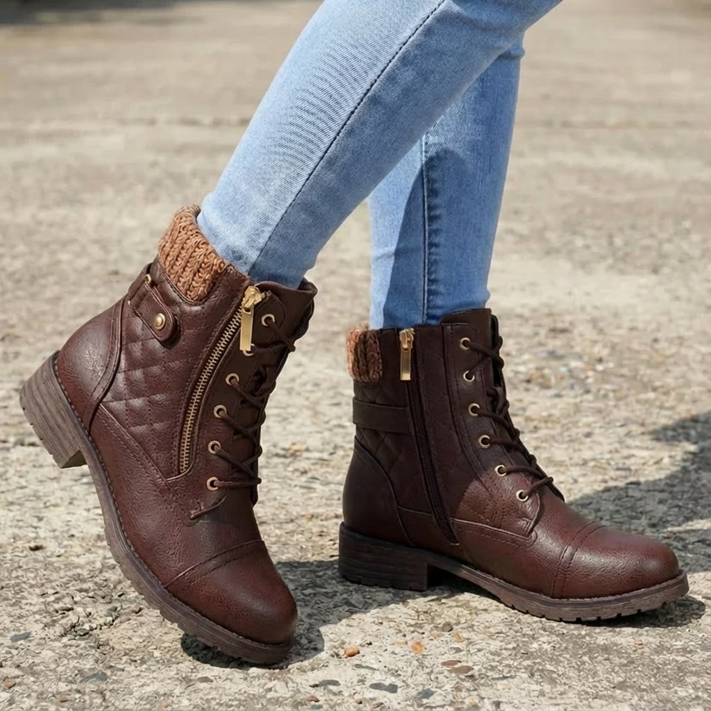 Braune Damen-Stiefeletten aus Leder mit Blockabsatz, seitlichem Reißverschluss, Schnürung und gemütlichem Strickbund am Schaft.