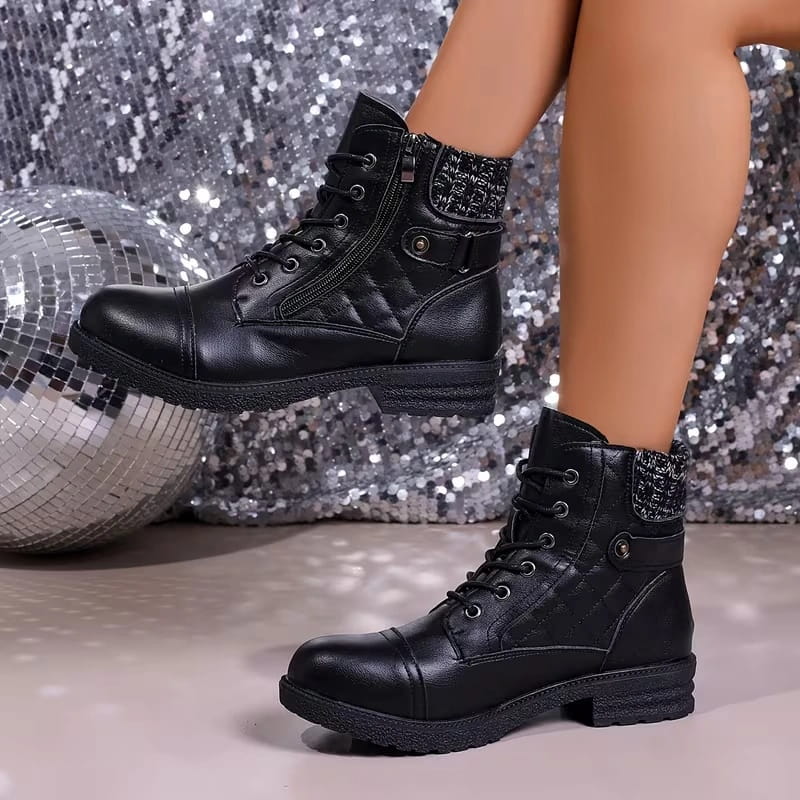 Schwarze Damen-Stiefeletten aus Leder mit Blockabsatz, Schnürung, seitlichem Reißverschluss und gemütlichem Strickbund.
