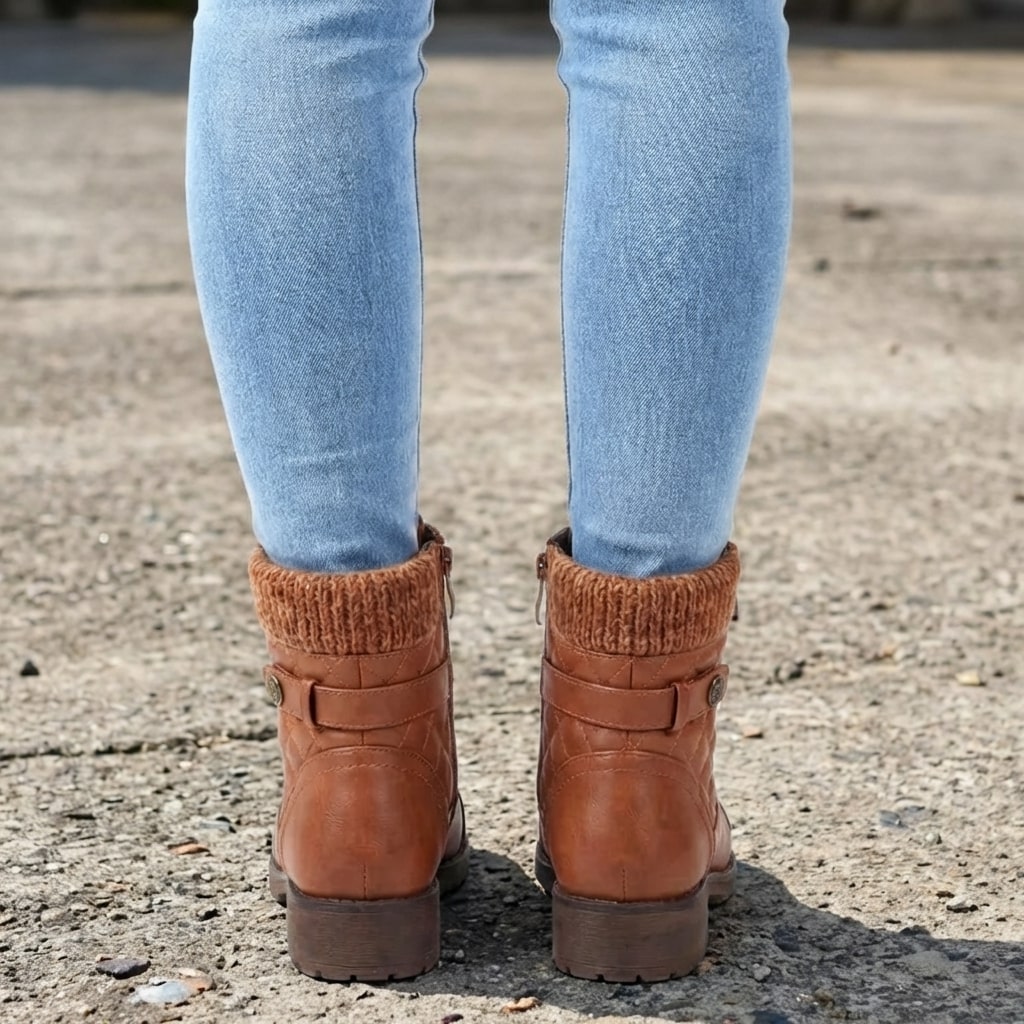 Braune Damen-Stiefeletten aus Leder mit Blockabsatz, Strickbund und seitlichem Reißverschluss kombiniert mit Jeans.