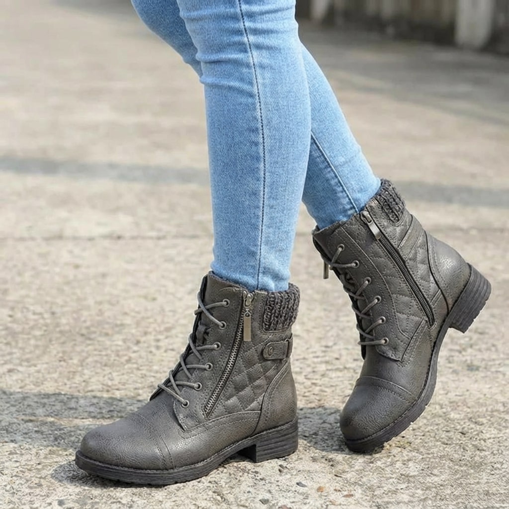 Graue Thea Damen-Stiefeletten aus Leder mit Blockabsatz, seitlichem Reißverschluss, Schnürung und gemütlichem Strickbund.