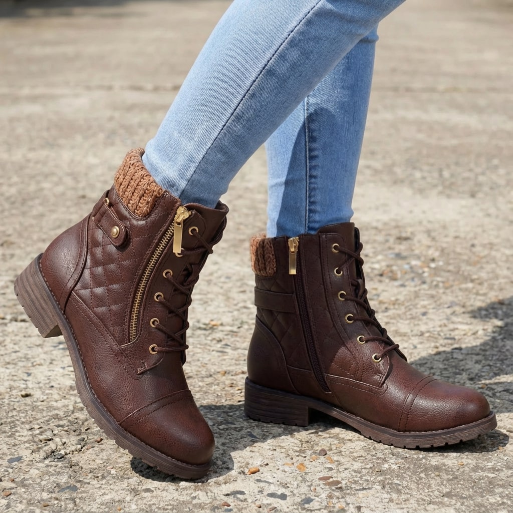 Braune Damen-Stiefeletten aus Leder mit Blockabsatz, seitlichem Reißverschluss, Schnürung und gemütlichem Strickbund.