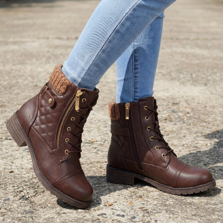 Braune Damen-Stiefeletten aus Leder mit Blockabsatz, seitlichem Reißverschluss, Schnürung und gemütlichem Strickbund.