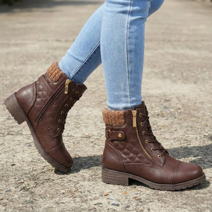 Braune Damen-Stiefeletten aus Leder mit Blockabsatz, seitlichem Reißverschluss, Schnürung und gemütlichem Strickbund.