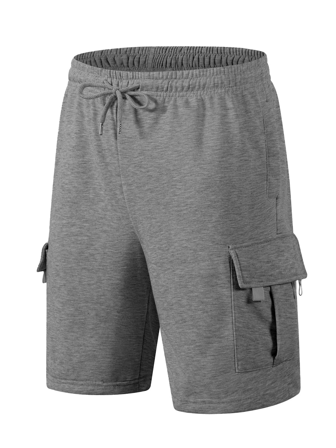 Graue Herren-Cargoshorts aus weichem Jersey mit elastischem Bund, Kordelzug und praktischen Seitentaschen mit Klappen.