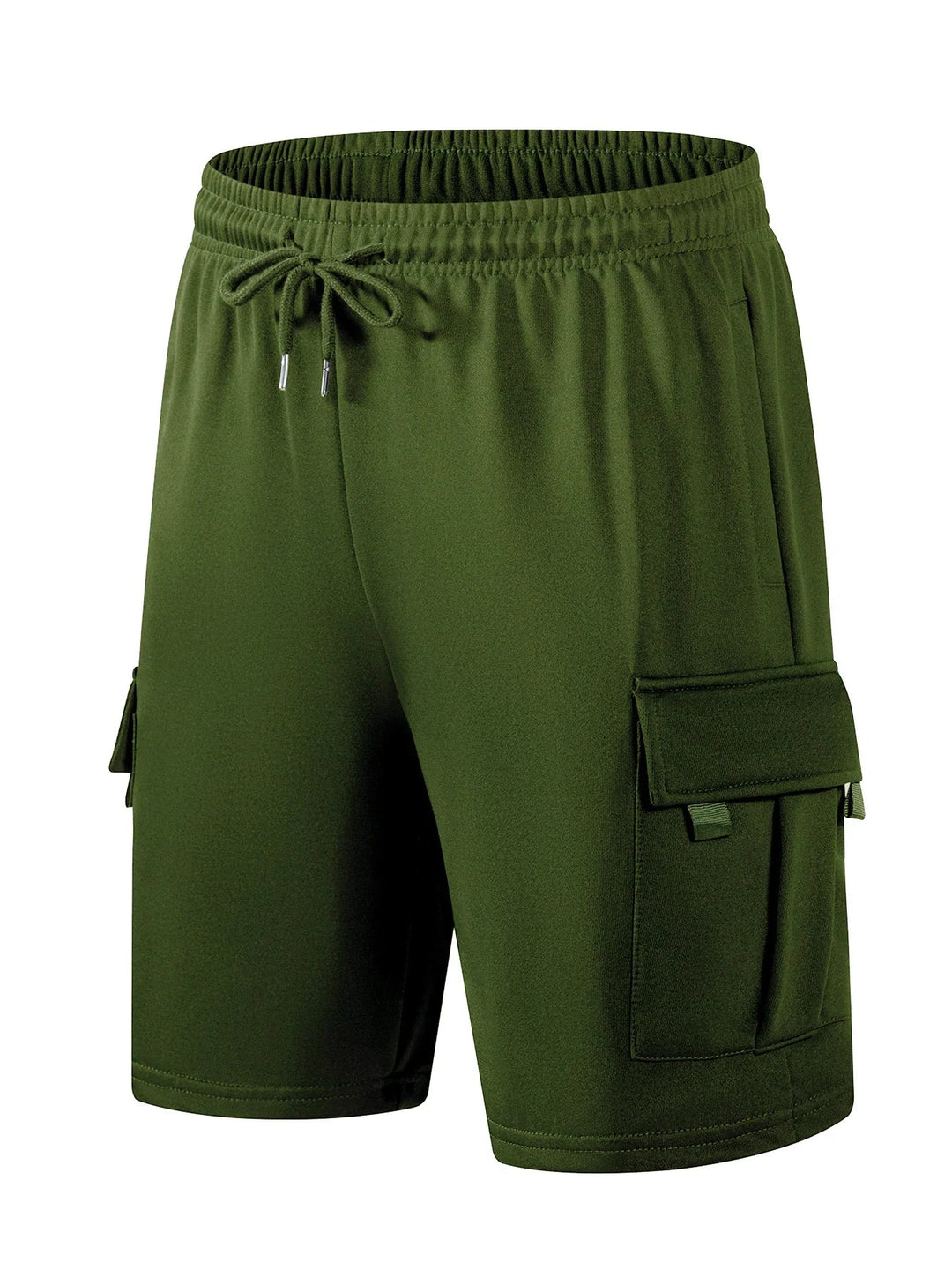 Olivgrüne Tobias Herren-Cargoshorts mit elastischem Bund, Kordelzug und praktischen aufgesetzten Seitentaschen.