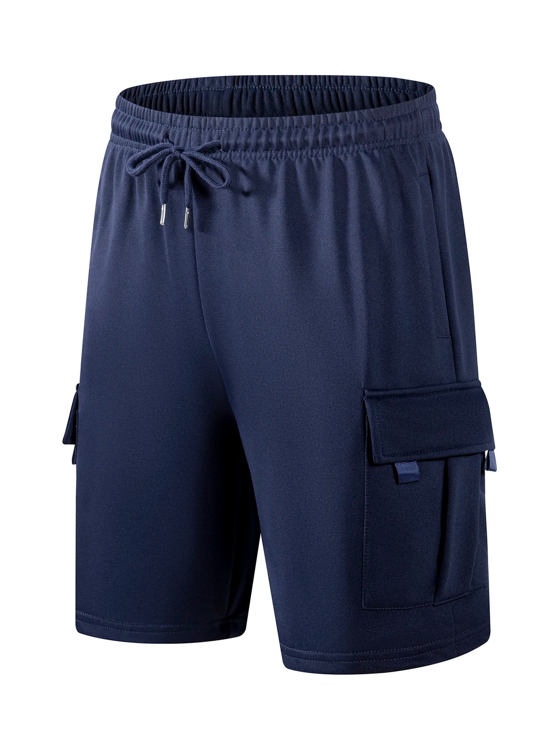 Dunkelblaue Herren-Cargoshorts mit elastischem Bund, Kordelzug und aufgesetzten Seitentaschen.