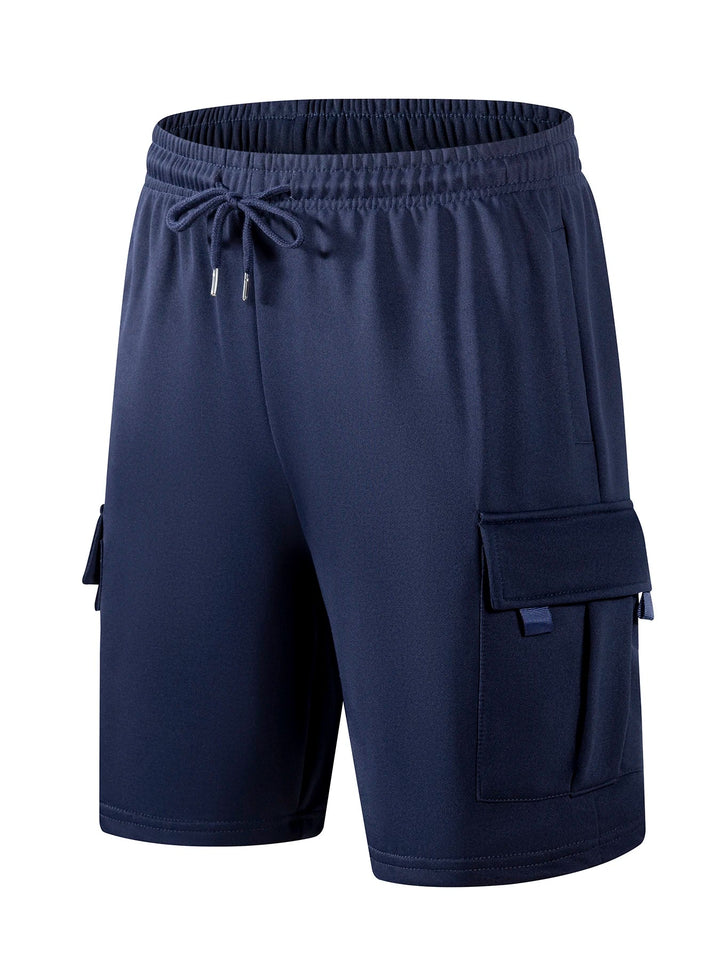Dunkelblaue Herren-Cargoshorts mit elastischem Bund, Kordelzug und aufgesetzten Seitentaschen.