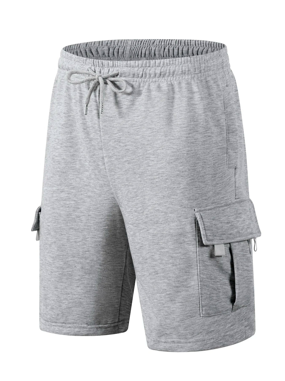 Graue Tobias Herren-Cargo-Shorts aus weichem Jersey mit elastischem Kordelzugbund und aufgesetzten Seitentaschen.