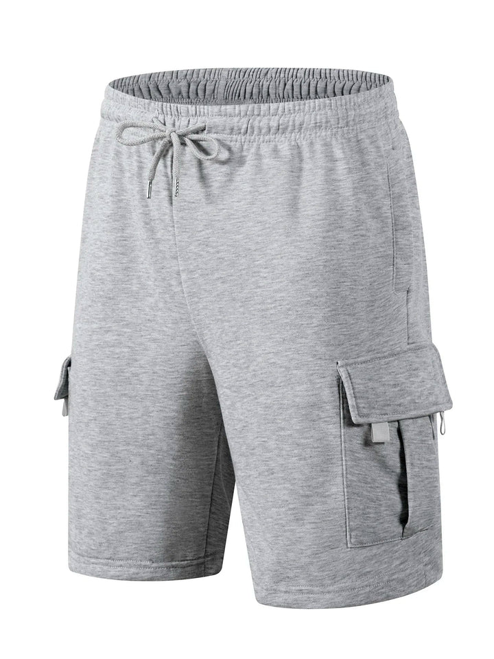 Graue Tobias Herren-Cargo-Shorts aus weichem Jersey mit elastischem Kordelzugbund und aufgesetzten Seitentaschen.
