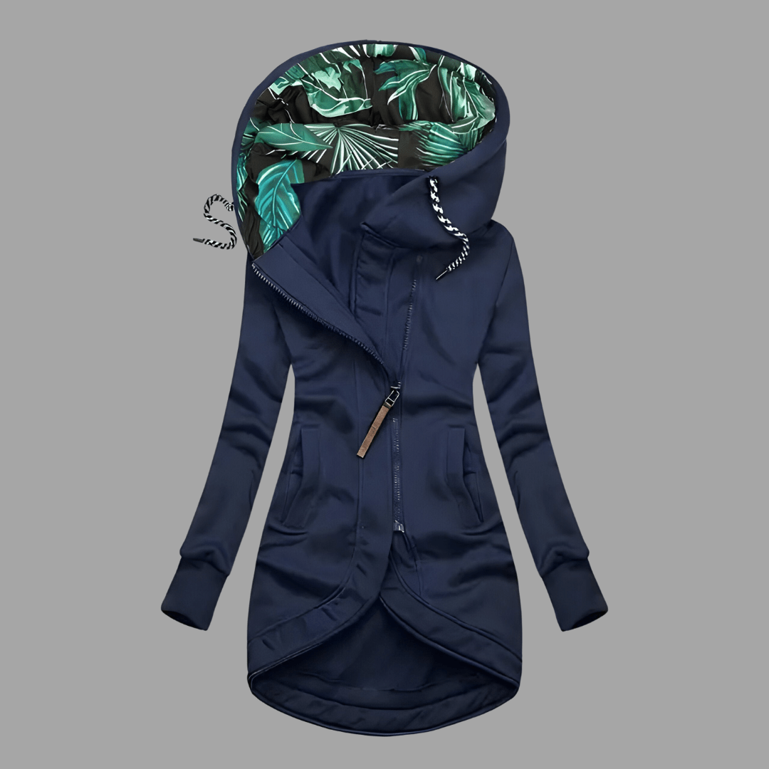Dunkelblaue Damen-Kapuzenjacke mit asymmetrischem Reißverschluss und floralem Innenfutter in der Kapuze.