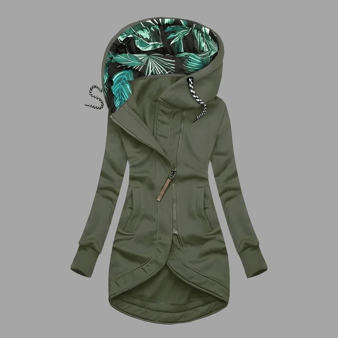 Olivgrüne Damen-Kapuzenjacke mit asymmetrischem Reißverschluss und floralem Innenfutter in der Kapuze.