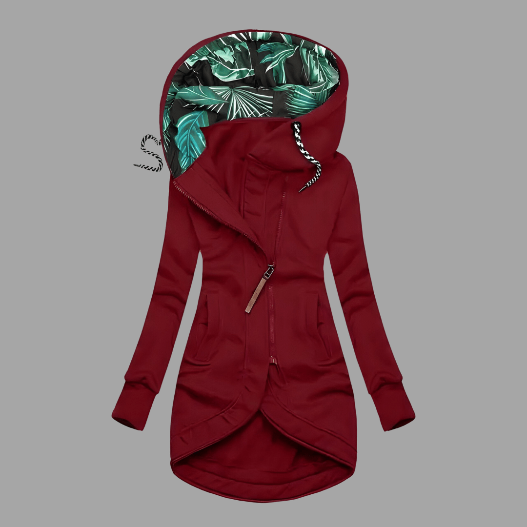 Dunkelrote Damen-Kapuzenjacke mit asymmetrischem Reißverschluss und floralem Innenfutter in der Kapuze.