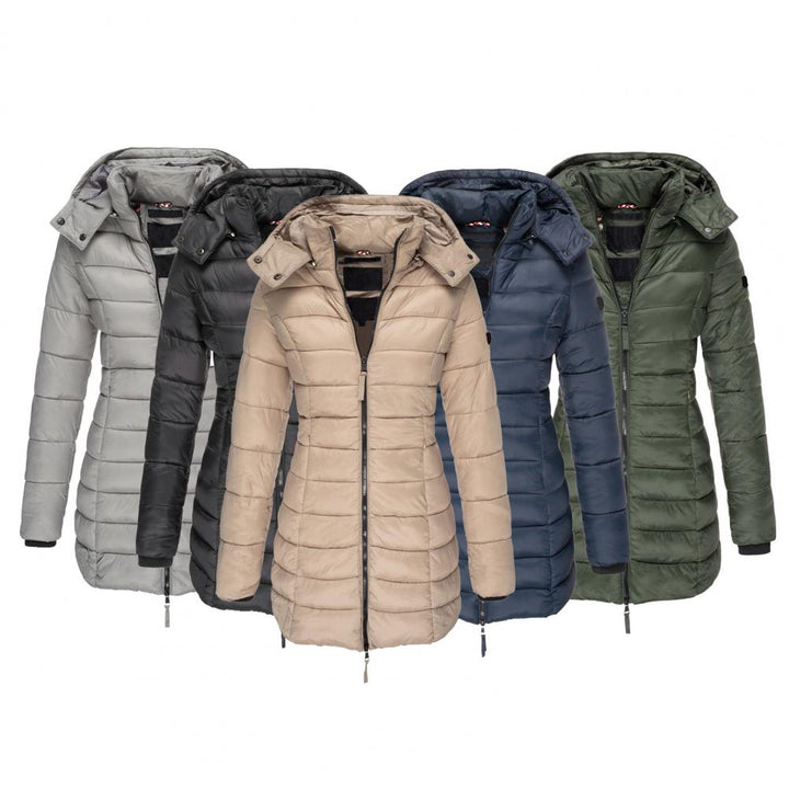 Valentina lange Damen-Steppjacke mit abnehmbarer Kapuze in verschiedenen Farben für einen eleganten Winter-Look.