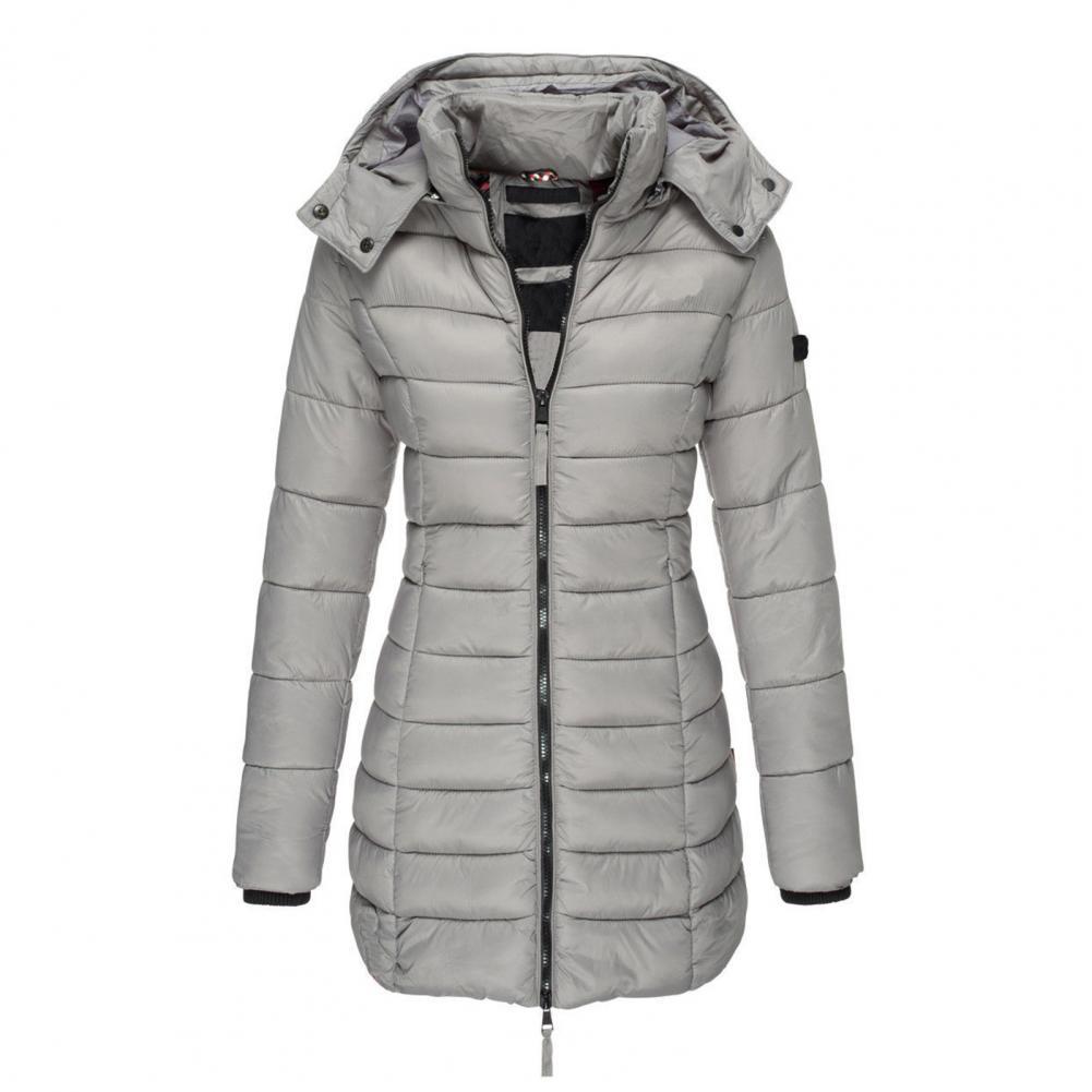 Graue, taillierte Damen-Steppjacke mit abnehmbarer Kapuze und durchgehendem Reißverschluss für den Winter.