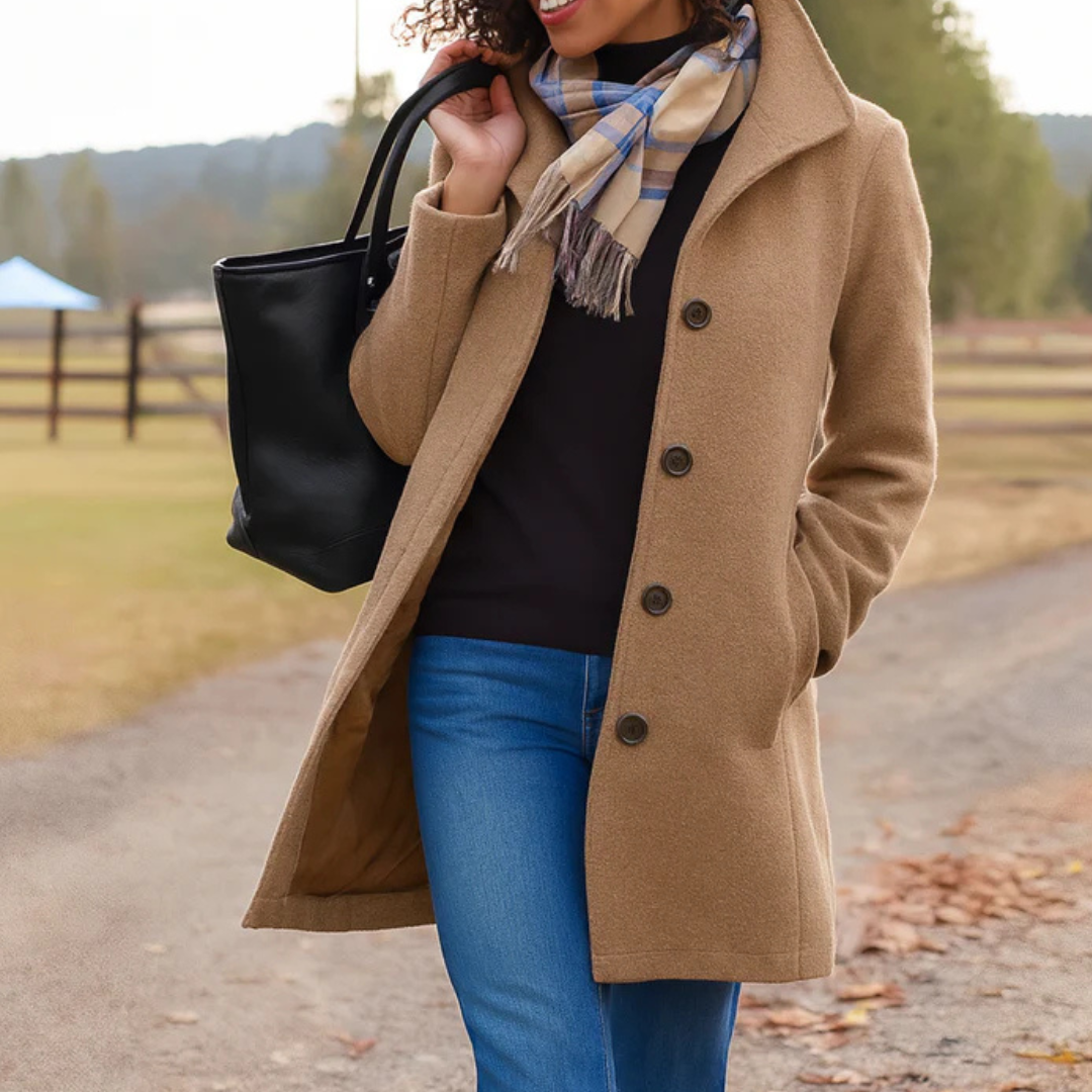 Beiger Damen-Wintermantel mit Knopfleiste, Umlegekragen und Seitentaschen, kombiniert mit blauem Schal und schwarzer Tasche.