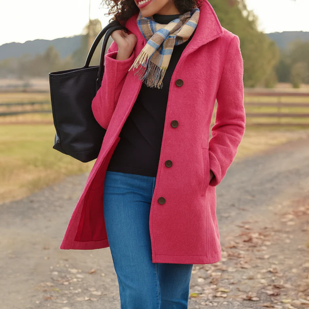 Eleganter pinker Damen-Wintermantel mit Knopfleiste, Umlegekragen und Seitentaschen, kombiniert mit Schal und Handtasche.