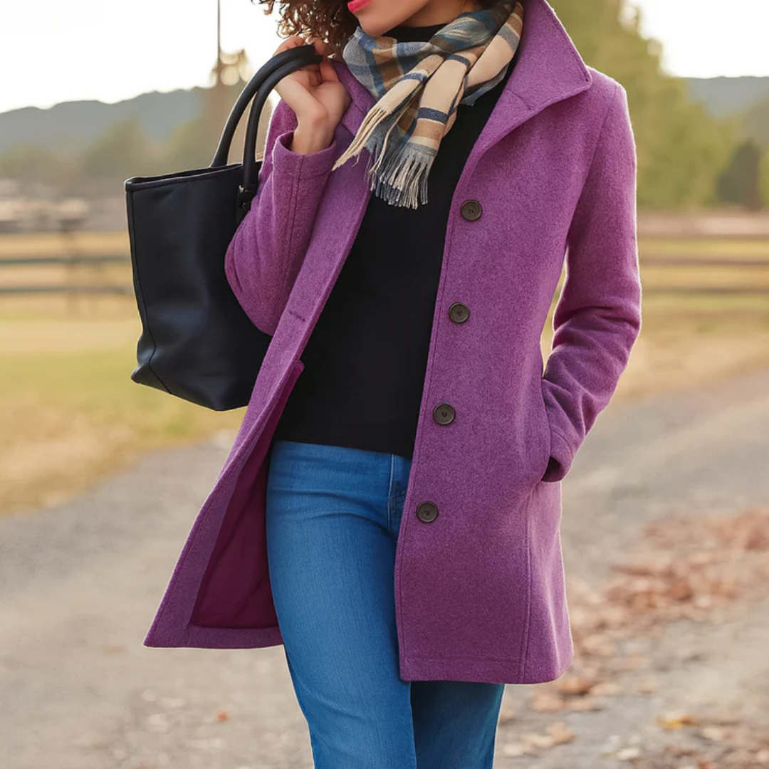 Lila Wintermantel für Damen mit Knopfleiste, Umlegekragen und Seitentaschen, kombiniert mit blauem Jeans-Outfit.
