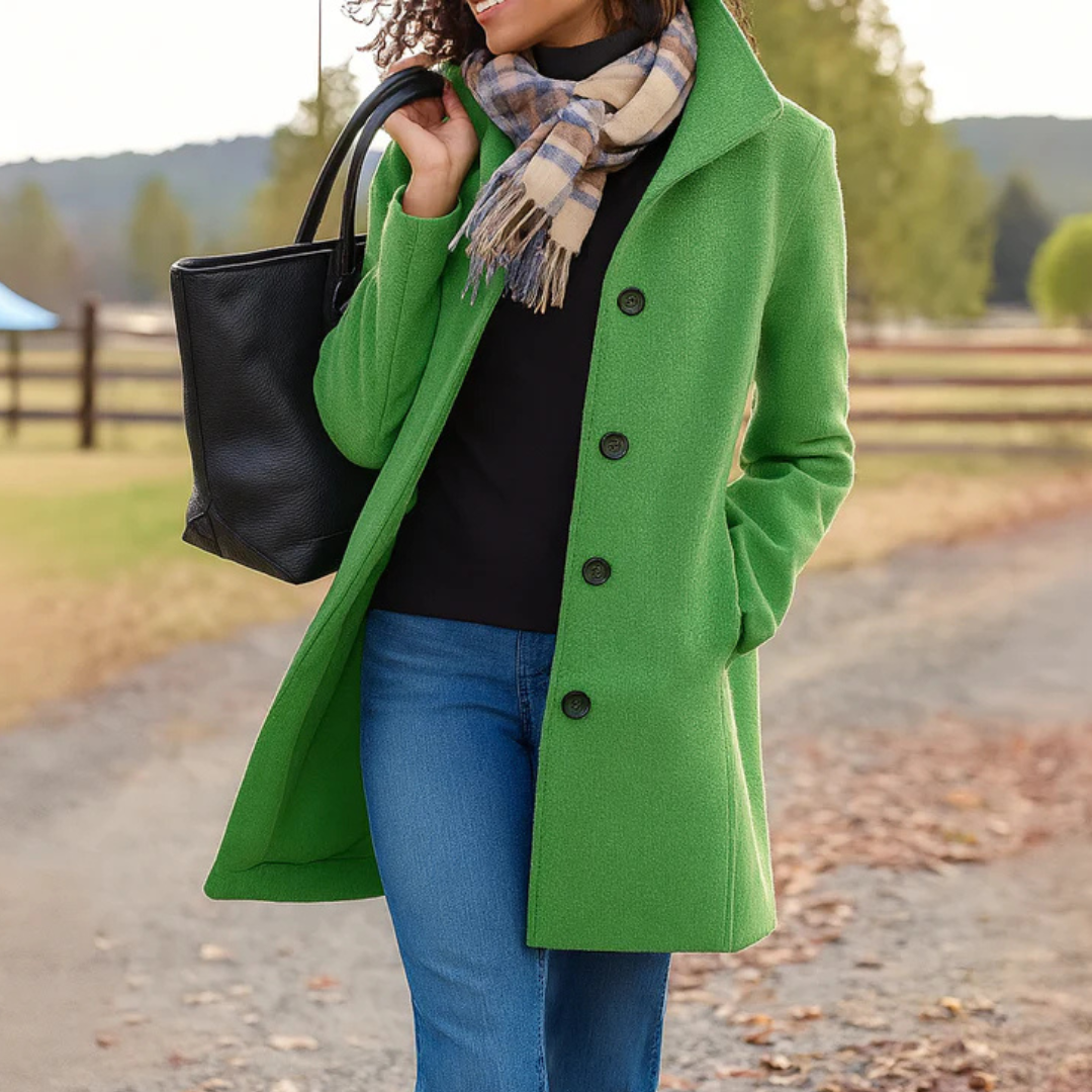 Grüner Damen-Wintermantel mit Knopfleiste, Umlegekragen und Seitentaschen, kombiniert mit schwarzer Tasche und Schal.