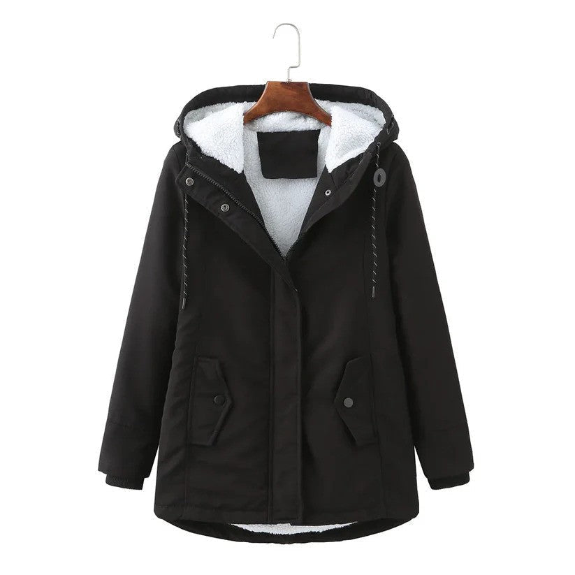 Schwarzer Damen-Winterparka mit kuscheligem weißem Teddyfutter, Kapuze mit Kordelzug und praktischen Seitentaschen.