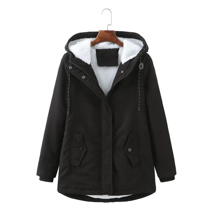 Schwarzer Damen-Winterparka mit kuscheligem weißem Teddyfutter, Kapuze mit Kordelzug und praktischen Seitentaschen.