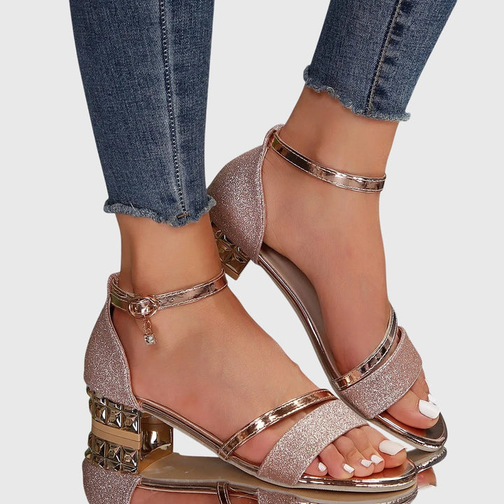 Roségold glitzernde Vivienne Sandalen mit Blockabsatz und Knöchelriemen