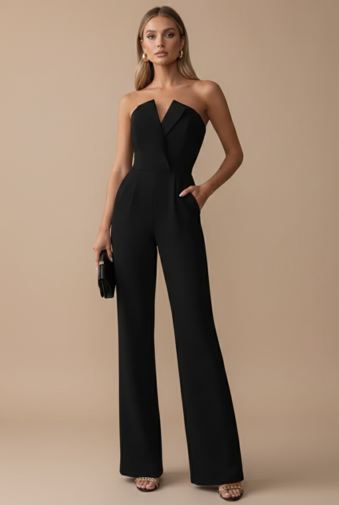 Schwarzer trägerloser Yara Jumpsuit mit weitem Bein und V-Ausschnitt